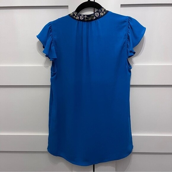 Anthropologie Embroidered Ruffle High Collar Top Royal Blue Sz. 8 - Picture 6 of 6